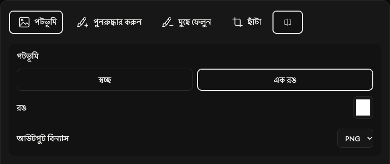 পটভূমির বিকল্প: স্বচ্ছতা, একরঙা, রং ও আউটপুট ফরম্যাট।