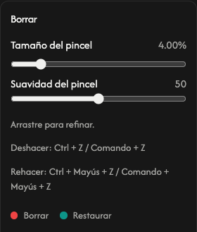 Opciones de borrado: tamaño y suavidad del pincel.