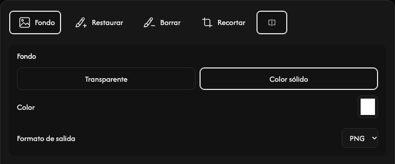 Opciones de fondo: transparencia, color liso, color y formato de salida.