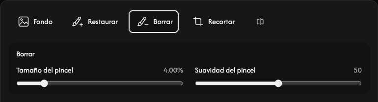 Opciones de borrado: tamaño y suavidad del pincel.