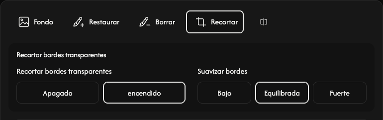 Opciones de recorte: márgenes transparentes y suavizado del borde.