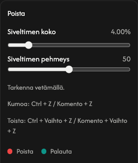 Poistoasetukset: siveltimen koko ja pehmeys.