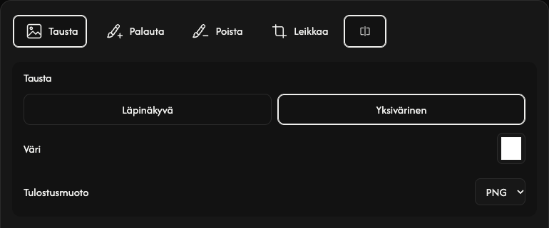 Tausta-asetukset: läpinäkyvyys, yksivärinen tausta, väri ja tulostusmuoto.