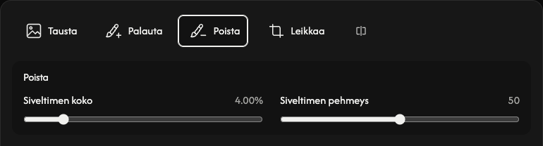 Poistoasetukset: siveltimen koko ja pehmeys.