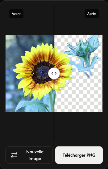 Résultat mobile avec comparaison et boutons de nouvelle image et de téléchargement PNG en dessous.