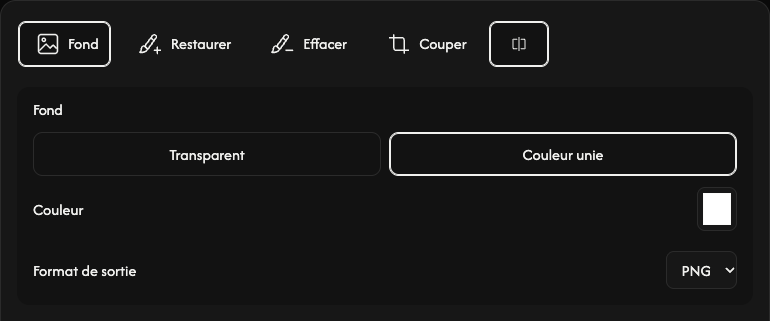 Options de fond : transparence, couleur unie, couleur et format de sortie.