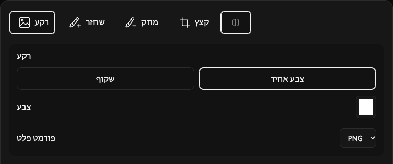 אפשרויות רקע: שקיפות, צבע אחיד, צבע ופורמט פלט.