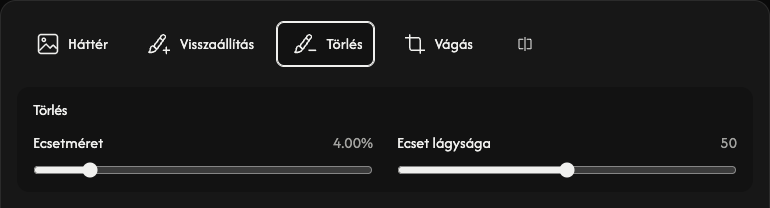 Törlési beállítások: ecsetméret és ecsetlágyság.