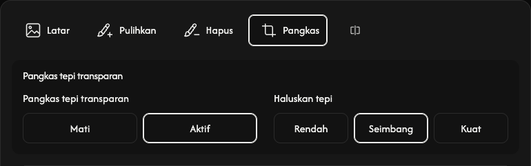 Opsi pemangkasan: margin transparan dan penghalusan tepi.