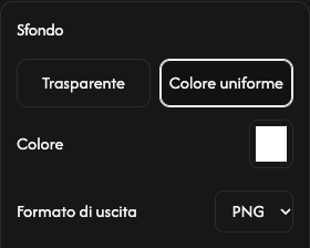 Opzioni sfondo: trasparenza, tinta unita, colore e formato di uscita.