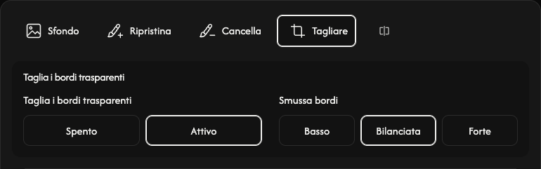 Opzioni ritaglio: margini trasparenti e levigatura dei bordi.