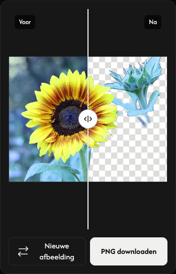 Mobiel resultaat met vergelijking en knoppen voor een nieuwe afbeelding en PNG-download eronder.