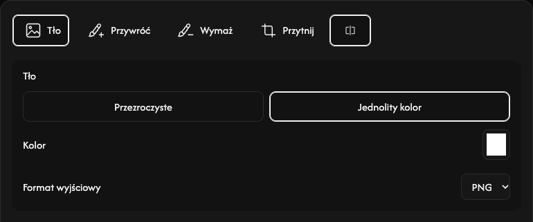 Opcje tła: przezroczystość, jednolity kolor, kolor i format wyjściowy.