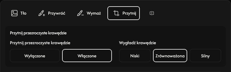 Opcje przycinania: przezroczyste marginesy i wygładzanie krawędzi.
