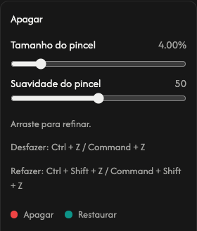 Opções de apagar: tamanho e suavidade do pincel.