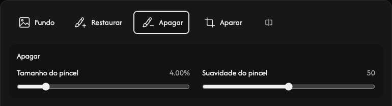 Opções de apagar: tamanho e suavidade do pincel.