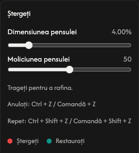 Opțiuni de ștergere: dimensiunea și finețea pensulei.