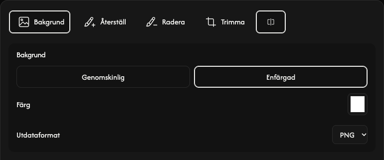 Bakgrundsalternativ: genomskinlighet, enfärgat, färg och utdataformat.