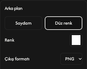 Arka plan seçenekleri: şeffaflık, düz renk, renk ve çıktı biçimi.