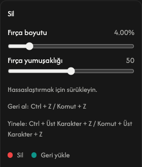 Silme seçenekleri: fırça boyutu ve yumuşaklığı.