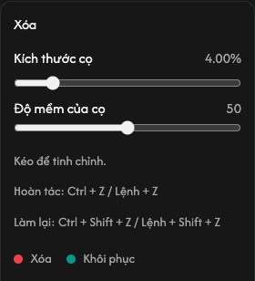 Tùy chọn xóa: kích thước và độ mềm của cọ.
