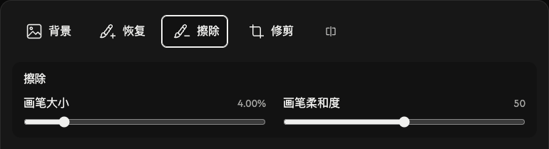 擦除选项:画笔大小和柔和度。