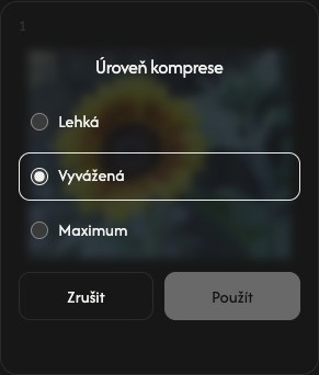 Nastavení komprese jednoho obrázku s mírnou, vyváženou a maximální úrovní a tlačítky zrušit a použít.