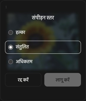 एक इमेज की कंप्रेशन सेटिंग, जिसमें हल्का, संतुलित और अधिकतम स्तर तथा रद्द करें और लागू करें विकल्प हैं।