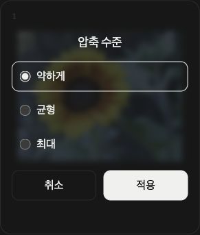 약하게, 균형, 최대와 취소·적용 버튼이 표시된 이미지 한 장의 압축 설정.