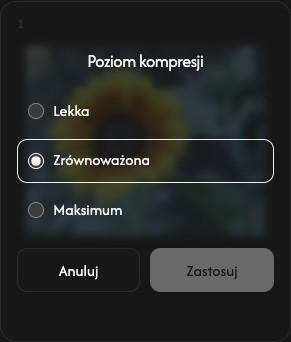 Ustawienia kompresji jednego obrazu z opcjami Light, Balanced, Maximum, Cancel i Apply.