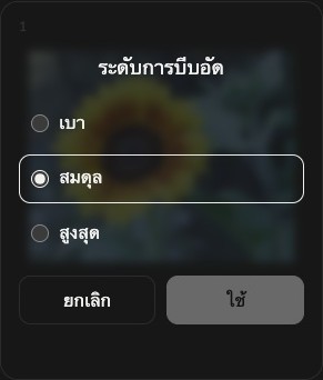 การตั้งค่าบีบอัดรูปภาพหนึ่งรูป พร้อม Light, Balanced, Maximum, Cancel และ Apply