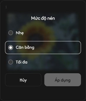 Thiết lập nén của một hình ảnh với Light, Balanced, Maximum, Cancel và Apply.