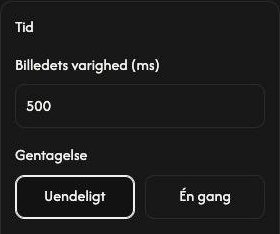 Tid-indstillinger i Lav GIF med en visningstid på 500 ms og Uendeligt valgt.