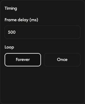 GIF Maker Timing settings, showing a 500 ms frame delay with Forever selected.