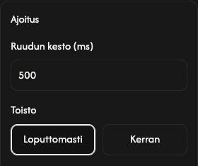 GIF-tekijä -työkalun Ajoitus-asetukset: ruudun aika on 500 ms ja Loputtomasti on valittu.