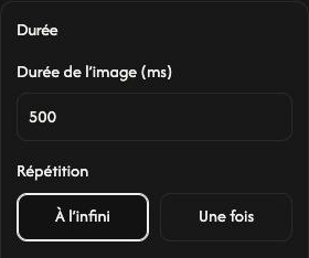 Réglages Durée de Créer un GIF, avec une durée de 500 ms et À l’infini sélectionné.