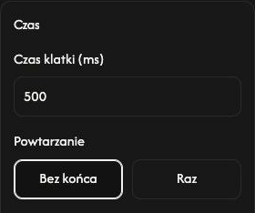 Ustawienia Czas w Tworzenie GIF-ów: czas klatki 500 ms i wybrana opcja Bez końca.