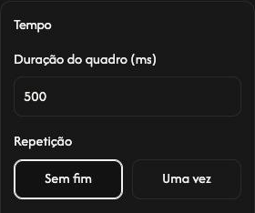 Configurações de Tempo de Criar GIF, com duração de 500 ms e Sem fim selecionado.