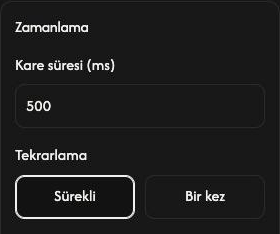 GIF Oluşturma için Zamanlama ayarları: kare süresi 500 ms ve Sürekli seçili.