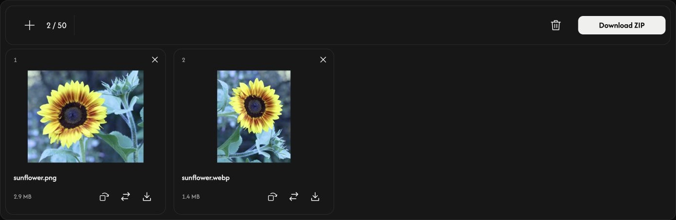 Image to JPG with two sunflower previews, image numbers, and card controls.