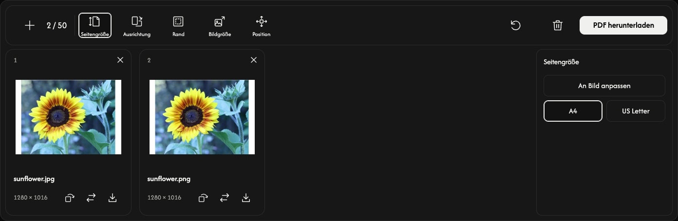 Image to PDF mit Vorschauen von Seiten mit Sonnenblumen.