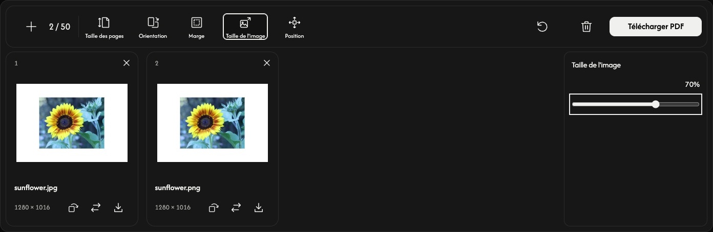 Mise en page d’Image to PDF avec le format A4, une petite marge et une taille d’image réduite à 70 %.