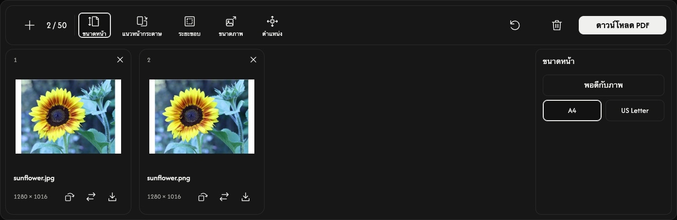 รูปภาพเป็น PDF แสดงตัวอย่างหน้าที่มีดอกทานตะวัน