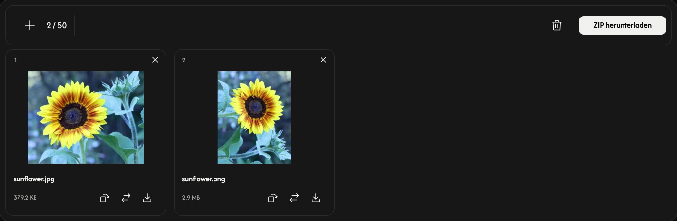 Bild zu WebP mit Sonnenblumen-Vorschauen als JPEG und PNG, nummerierten Karten und Bild-Bedienelementen.