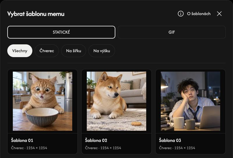 Výběr šablon memů se záložkami STATIC a GIF, filtry poměru stran a náhledy šablon.