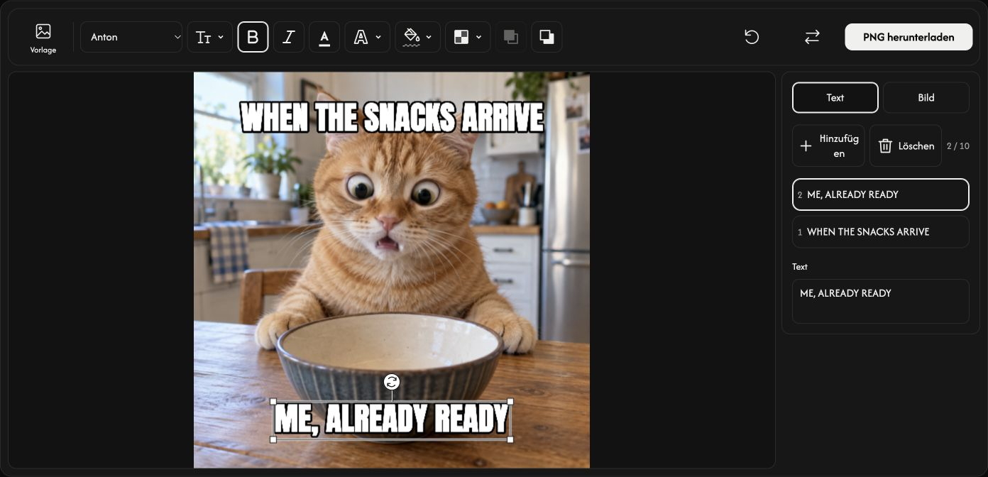 Meme Maker mit ausgewähltem Text, Bearbeitungsoptionen und Download-Schaltfläche.