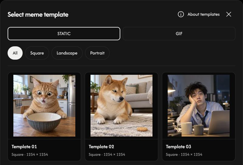 Meme template picker with STATIC and GIF tabs, aspect filters, and template previews.