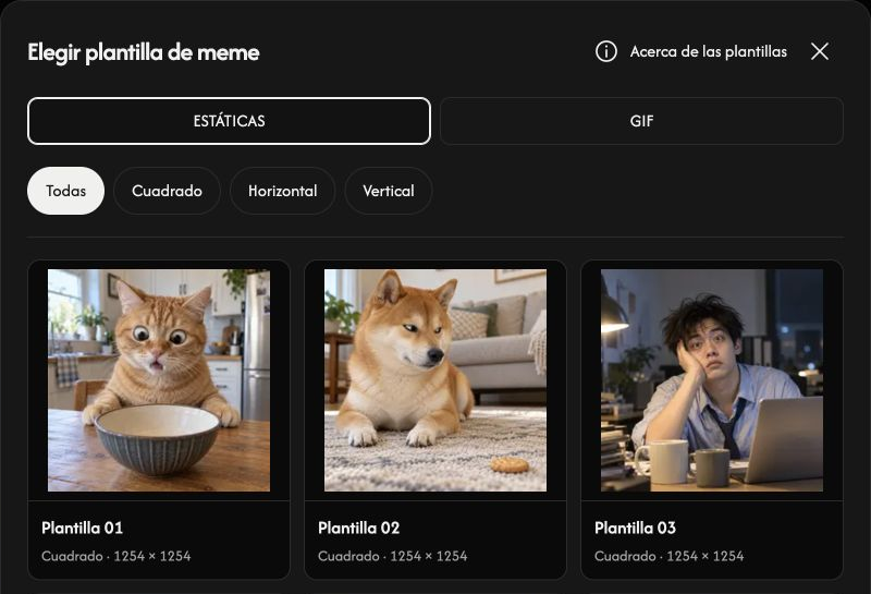 Selector de plantillas con pestañas STATIC y GIF, filtros de proporción y vistas previas.