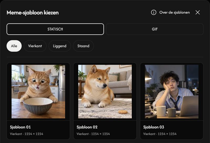 Sjabloonkiezer met STATIC- en GIF-tabs, verhoudingsfilters en sjabloonvoorbeelden.