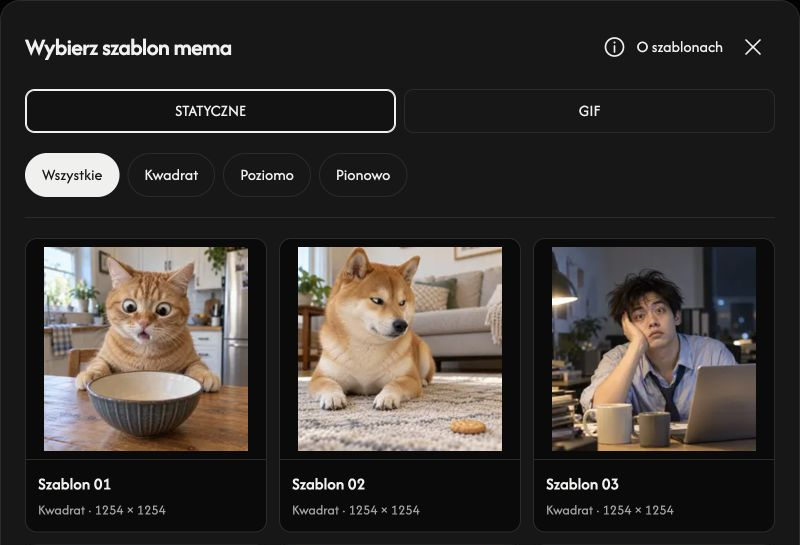 Wybór szablonu z kartami STATIC i GIF, filtrami proporcji i podglądami.
